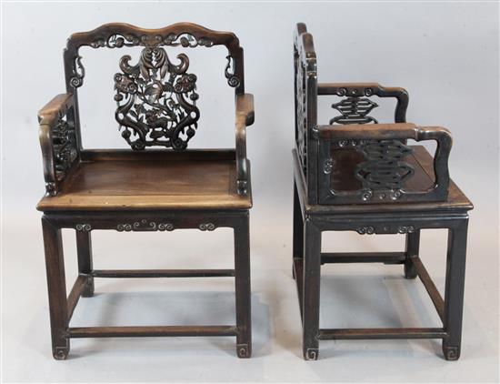 A pair of late 19th century Chinese hongmu armchairs, W.2ft 2in. D. 1ft 7in. H. 3ft 2in.